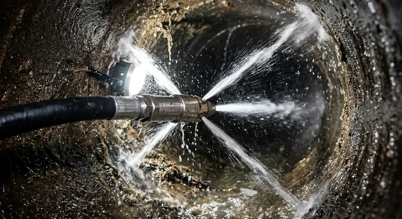 High-pressure hydro jetting nozzle cleaning sewer pipe for Sewer Cleanout in Cicero