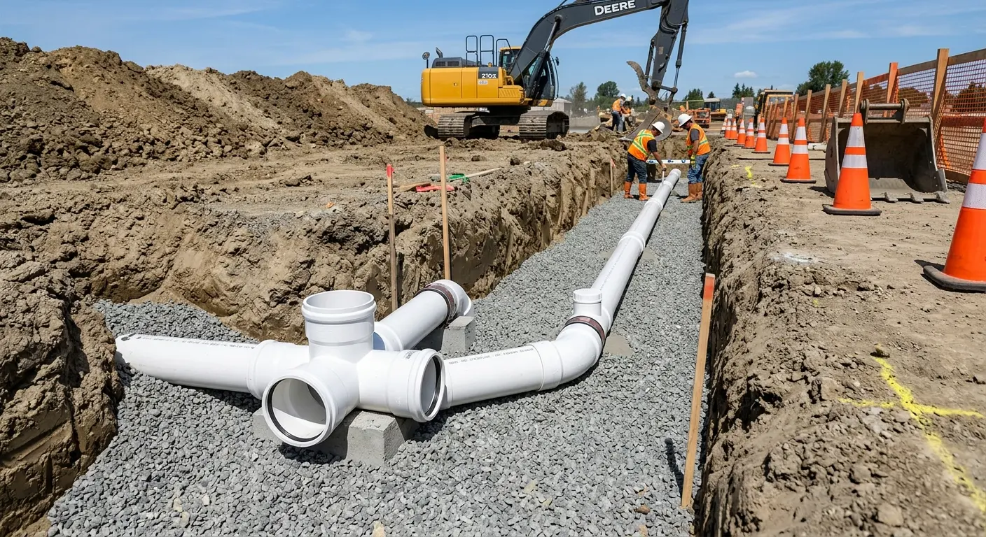 New PVC sewer pipe installation in open trench for Sewer Backup in Cicero
