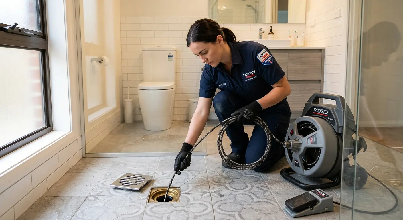 Technician clearing a bathroom floor drain for Drain Cleaning in Cicero